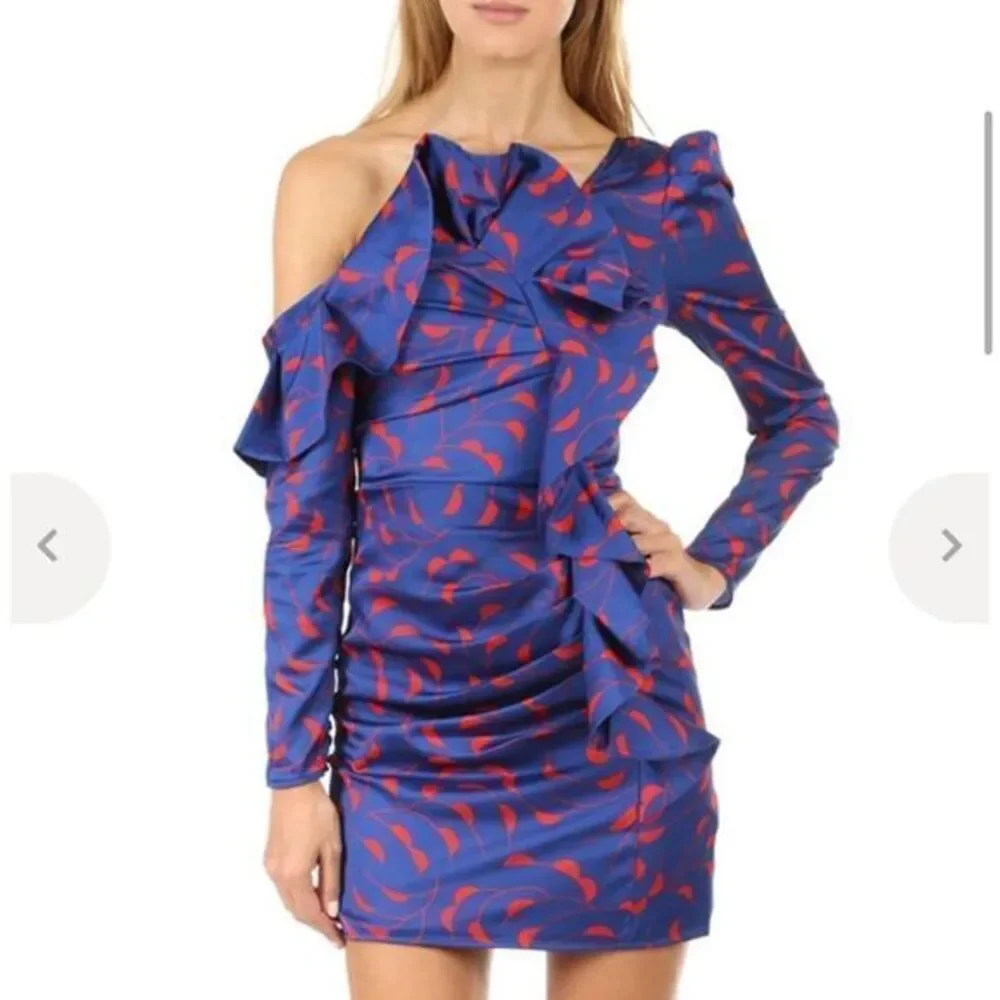 Self Portrait Blue Red One Shoulder Ruffle Dress - Picture 1 of 13
